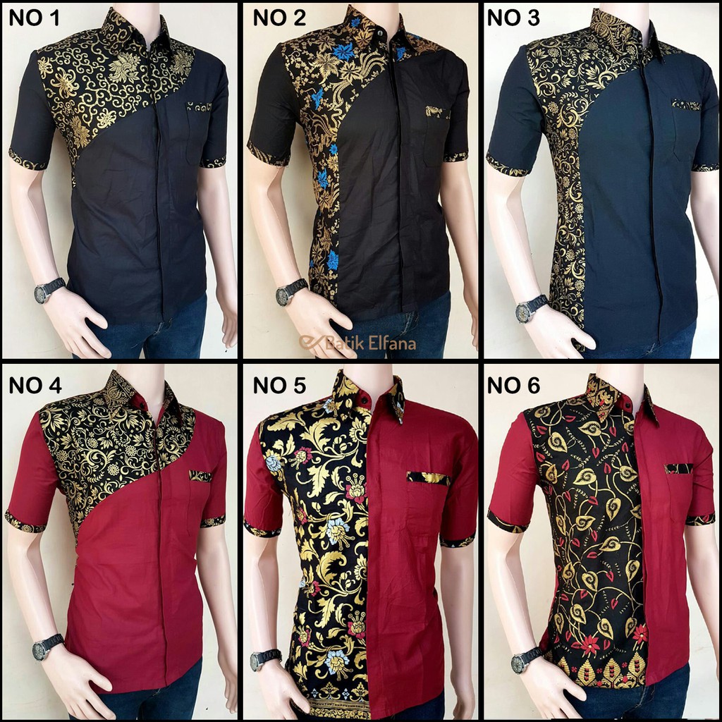 Batik Elfana Baju Batik Pria Kombinasi Prada Marun Maroon Hitam Kemeja Batik