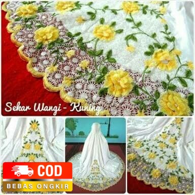 Mukena Dewasa Satin Velvet Bordir Motif Bunga Sekar Wangi Adem Lembut - Kuning
