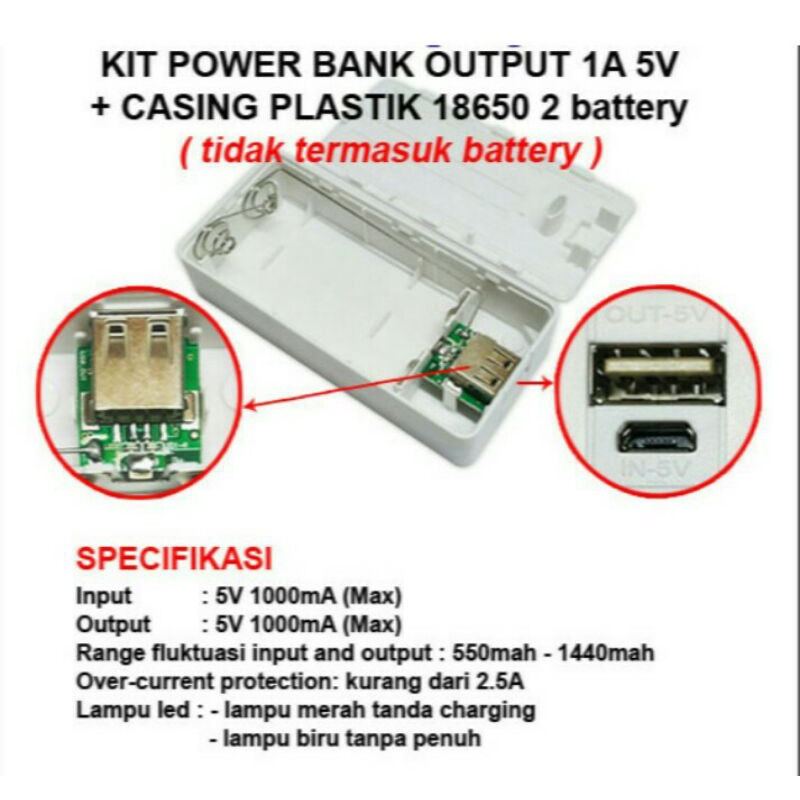 Kit Power Bank output 1A 5 V + Casing Plastik 2 baterai Type 18650