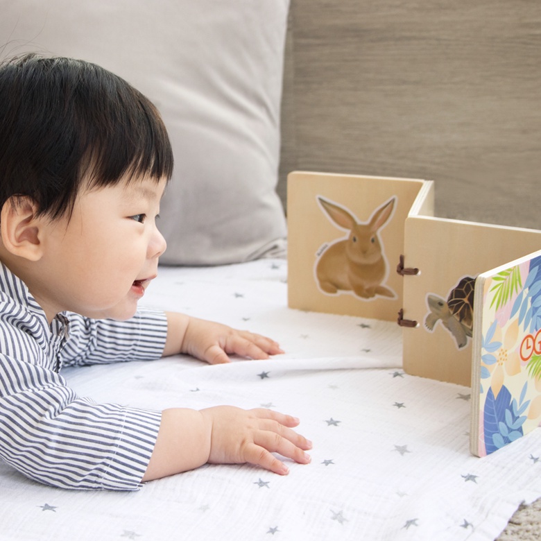 Learning Time Animals Wooden Book - Buku Kayu Tema Binatang Baby Tummy Time Session Latihan Fisik, Edukasi Visual Bayi 0-12 Bulan