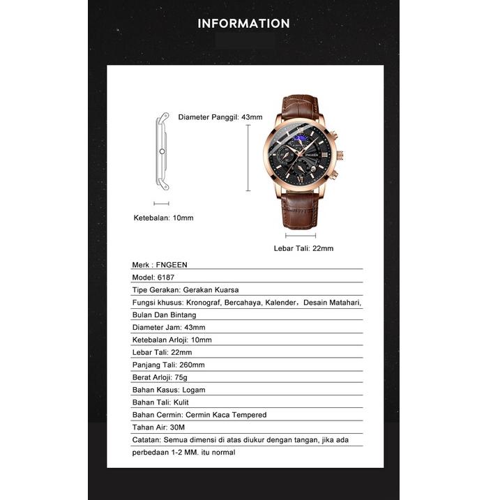 GVK» FNGEEN 6187 Jam Tangan Pria Original Tali Kulit Kalender Tahan Air Olahraga Kronograf Jam Tanga