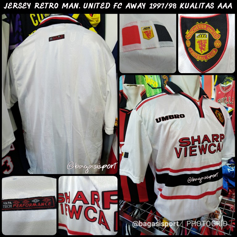 Jersey Baju Bola Man Unaited Mancester Retro Lawas Away Kit Tandang Putih 1997 1998 1999 Old Shirt L