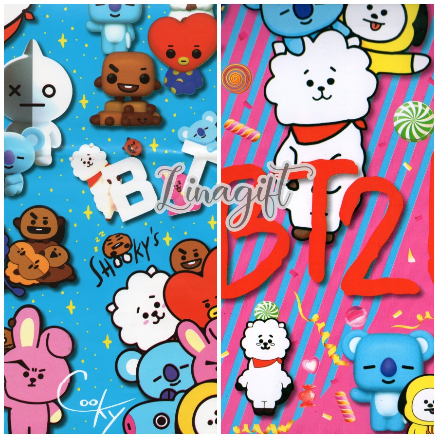 ( 5 Lembar ) SR KPOP BT21 - KERTAS KADO GLOSY - GIFT WRAP PAPER KOREAN BTS RJ MANG TATA COOKY CHIMMY CONNY KADO ULANG TAHUN CARTOON