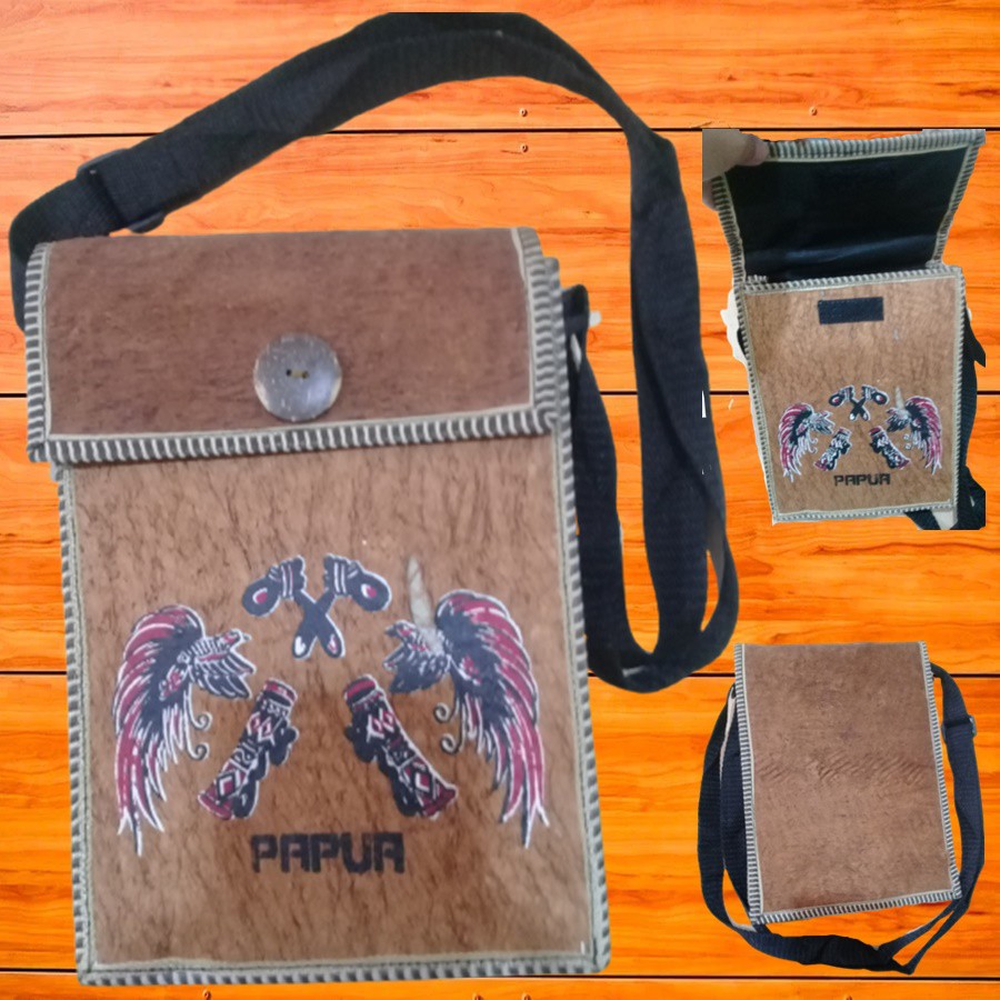 TAS SELEMPANG PRIA KULIT KAYU MOTIF PAPUA BISA COD