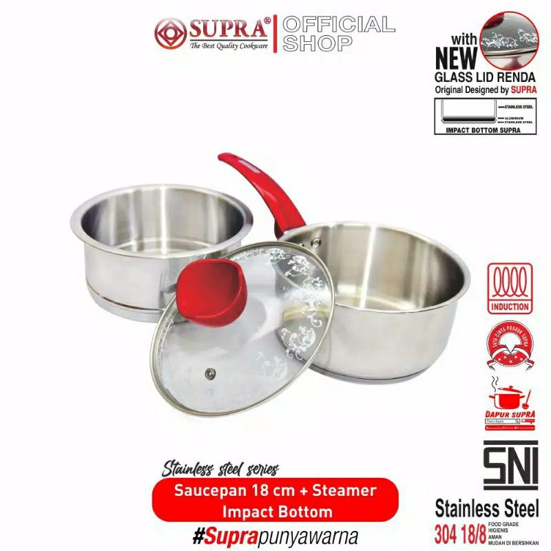 SUPRA Impact Bottom Panci Stainless Sauce Pan dan Steamer 18 Cm Stainless Steel