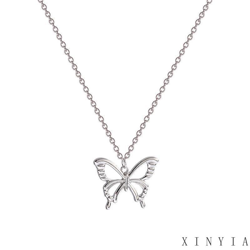 【Bayar di tempat】Metal Gold Silver Shinny Butterfly Necklace Vintage Necklace Jewelry Neck Decoration Temperament Retro Elegant Individuality Fashion