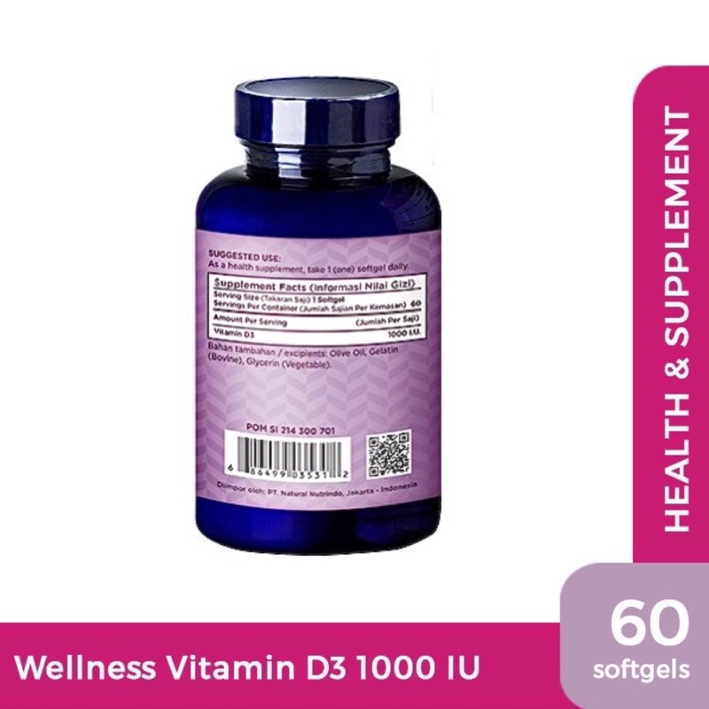 WELLNESS Vitamin D3 1000 / 400 IU isi 60 Softgels BPOM Suplemen Imunitas - Anti Virus COVID19