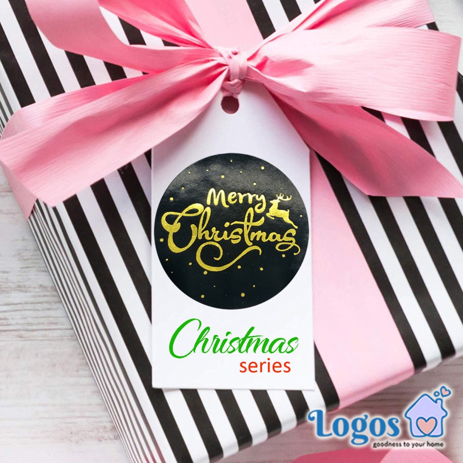 

Merry Christmas Black Round Sticker Stiker Bulat Ucapan Natal Xmas