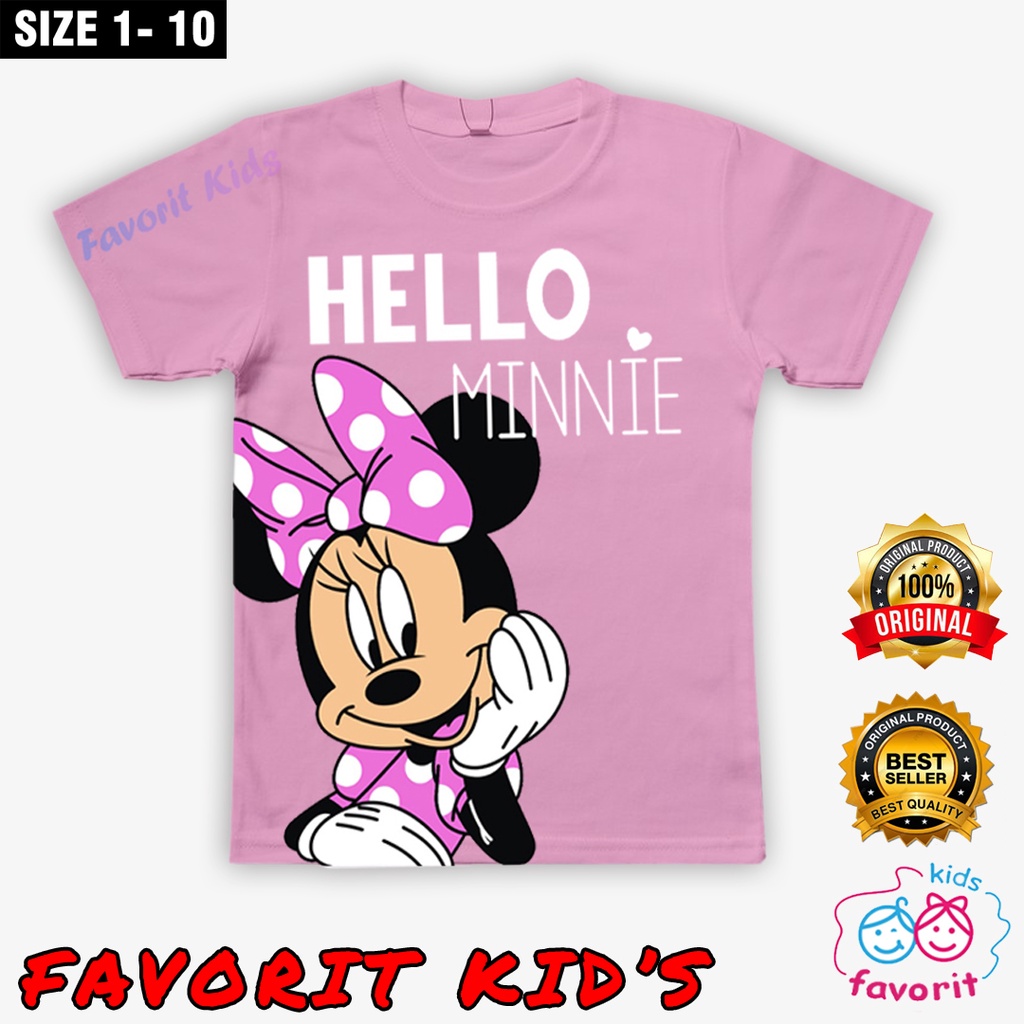 Baju kaos atasan anak perempuan lengan pendek motif minnie pita usia 1-10 tahun