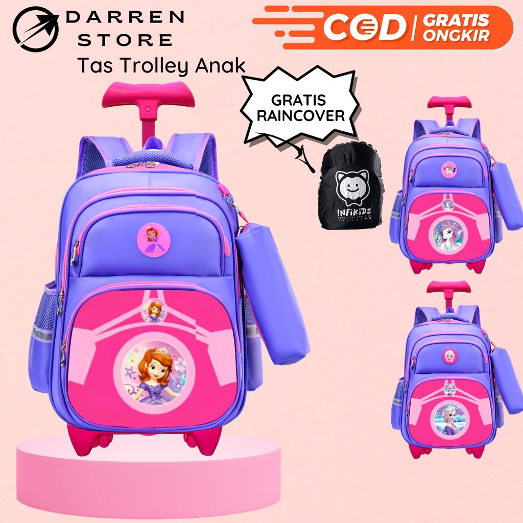 Darren store Ransel Troli Anak Perempuan SD 631 Tas Troly Gambar Timbul Tas Anak Import Free raincover