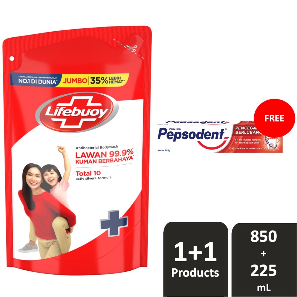 Lifebuoy Sabun Cair Total 10 850 Ml & Pepsodent Pasta Gigi White 225 G