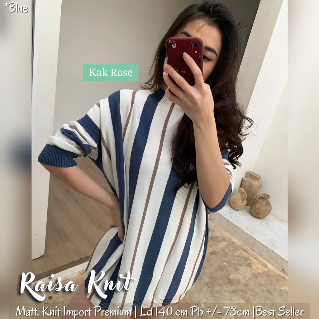 Raisa Kaos Knit Garis-garis Wanita LD 140 cm T-shirt Knit Jumbo Sweter Jumbo Knit Adem