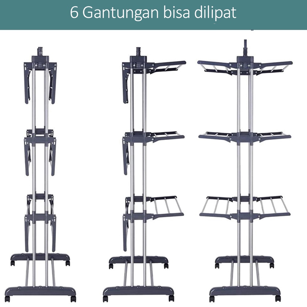 Rak Jemuran Baju Hanger Baju Stand Hanger 3 Tingkat Free Roda Rak Serbaguna