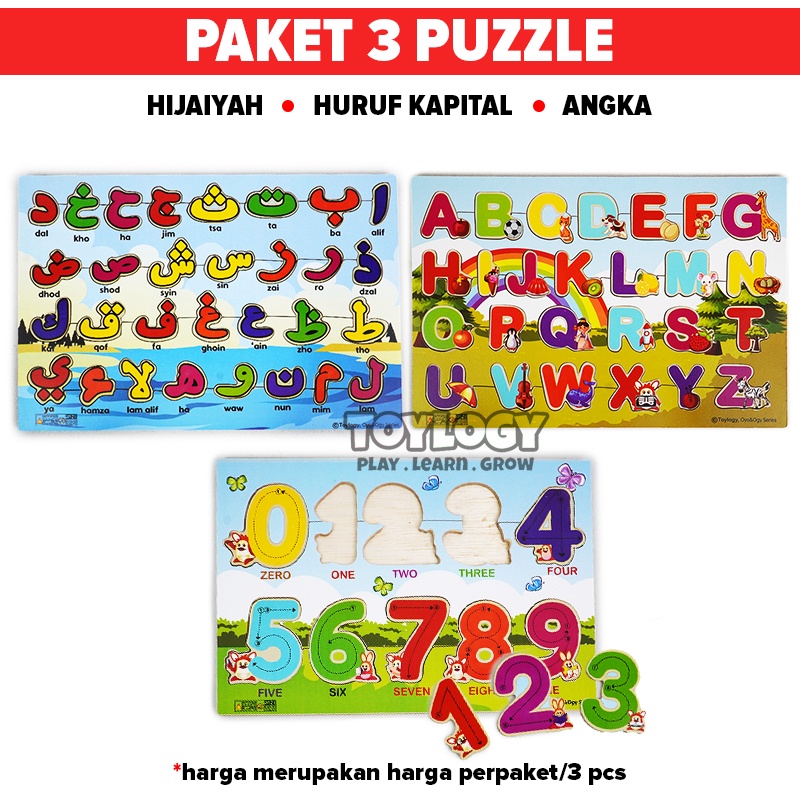 Toylogy Paket Puzzle Kayu OyoOgy Angka 123 Huruf ABC Abjad Nomer Hijaiyah Bahasa Arab Edukasi Wooden