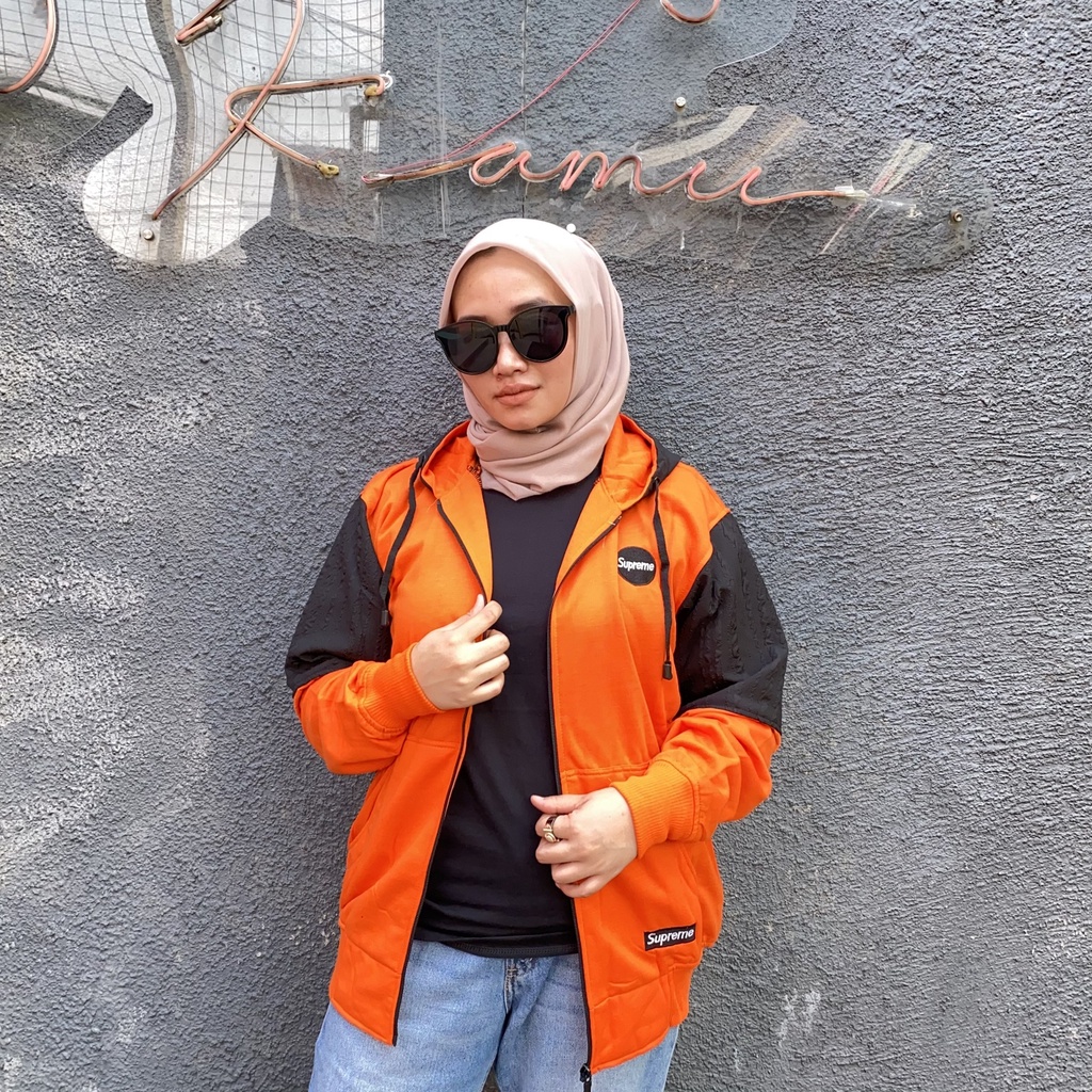 Jaket Sweater Zipper Bordir Kombinasi Qwilting ORANGE SUPRE-M