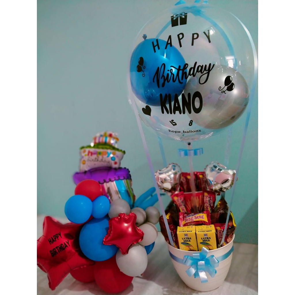 Buket balon isi snack/ coklat/bunga/boneka + mini standing Balon