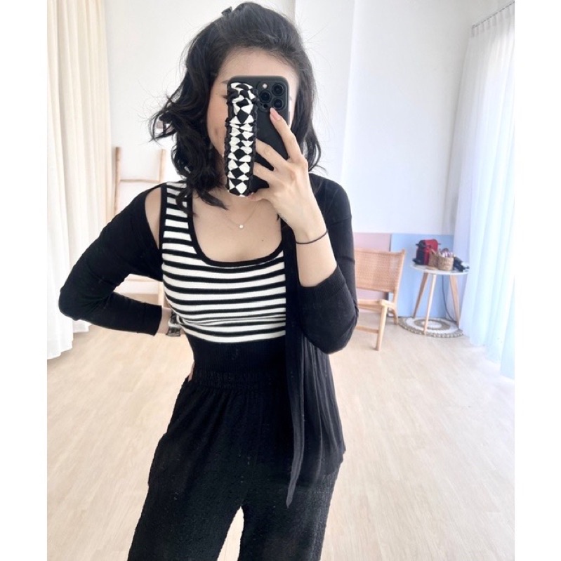 Atasan Tanktop rajut Crop wanita Salur pendek | Atasan Tank top crop salur terbaru