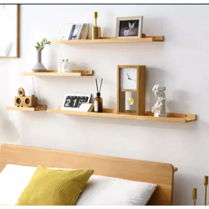 ambalan kayu rak J dekorasi hiasan dinding tembok foto vas bunga piala