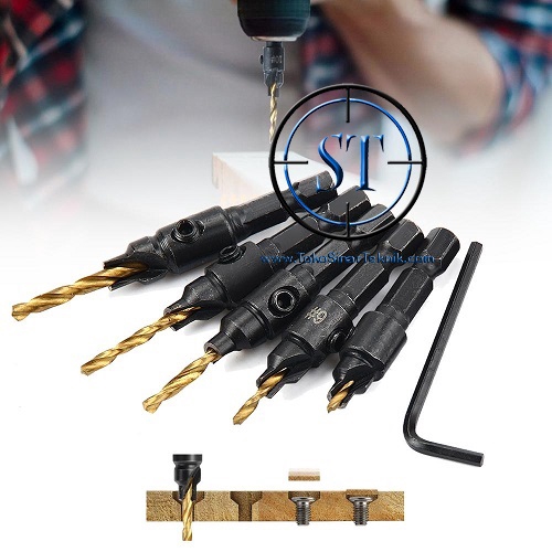 1 set isi 5pcs Mata Bor Countersink Woodworking Screw Holes Drill Bit Wrench Kayu bes Alumunium HSS i Plus Kunci L