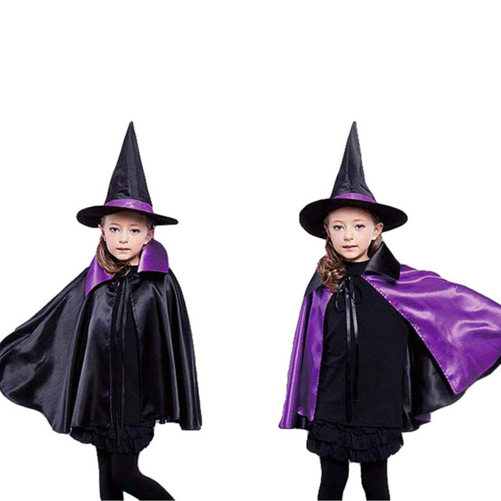 JB-06 jubah bolak-balik halloween anak penyihir merah ungu halloween kostum pesta witch cloak