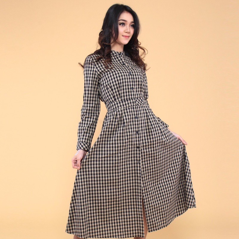Benhill gamis wanita lengan panjang kotak hitam cream