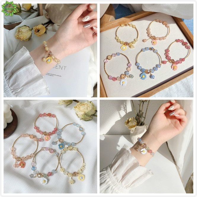 【COD Tangding】Crystal Bracelet Daisy Pendant Bracelet Pink Yellow Blue Color for Girl Summer Accessory