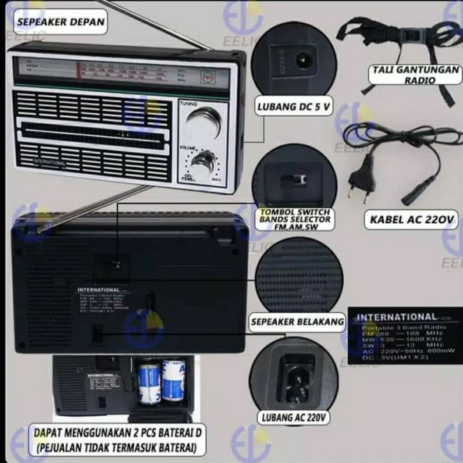 COD RADIO INTERNASIONAL F-4250 AC DC FM AM SW PROTABLE RADIO SN-4250 / RADIO JADUL SN-4250