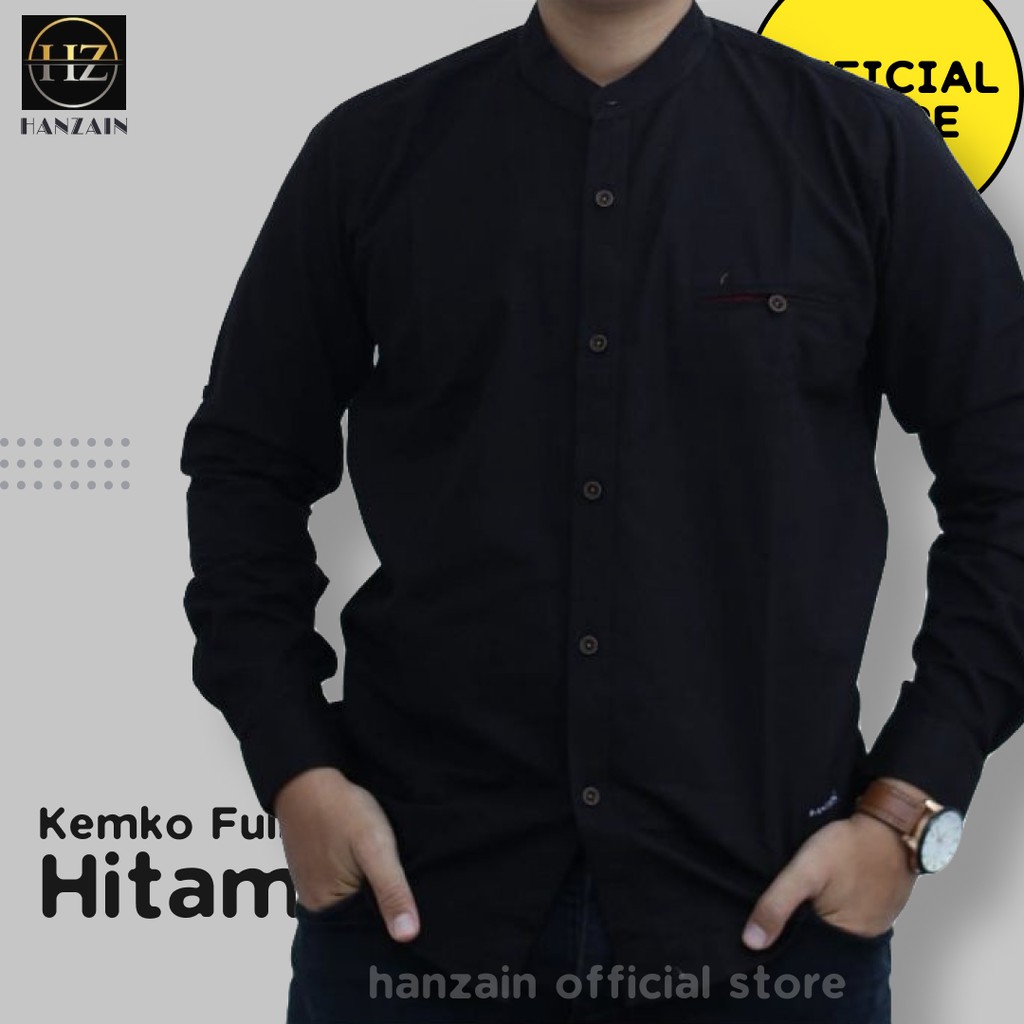 BAJU KEMEJA KOKO KEMKO PRIA LENGAN PANJANG - KATUN - HITAM BLACK- HANZAIN OFFICIAL