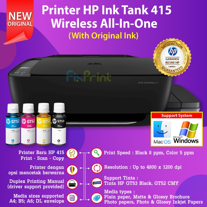 Printer Ink Tank HP 415 Print Scan Copy WiFi All-in-One Wireless With Tinta GT51 GT52 Support MAC OS