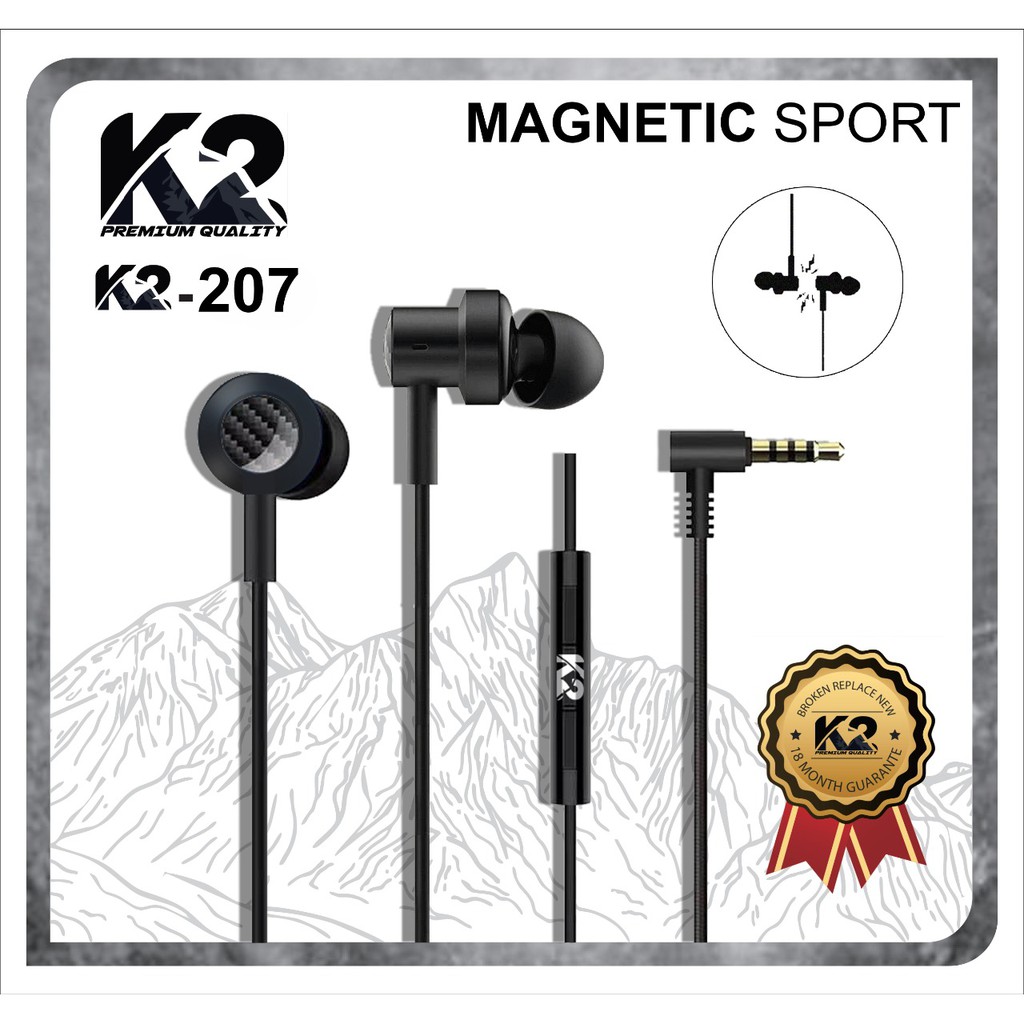 Handsfree / Headset K2 PREMIUM QUALITY K-207 MAGNETIC SPORT Super Bass garansi 18 bln