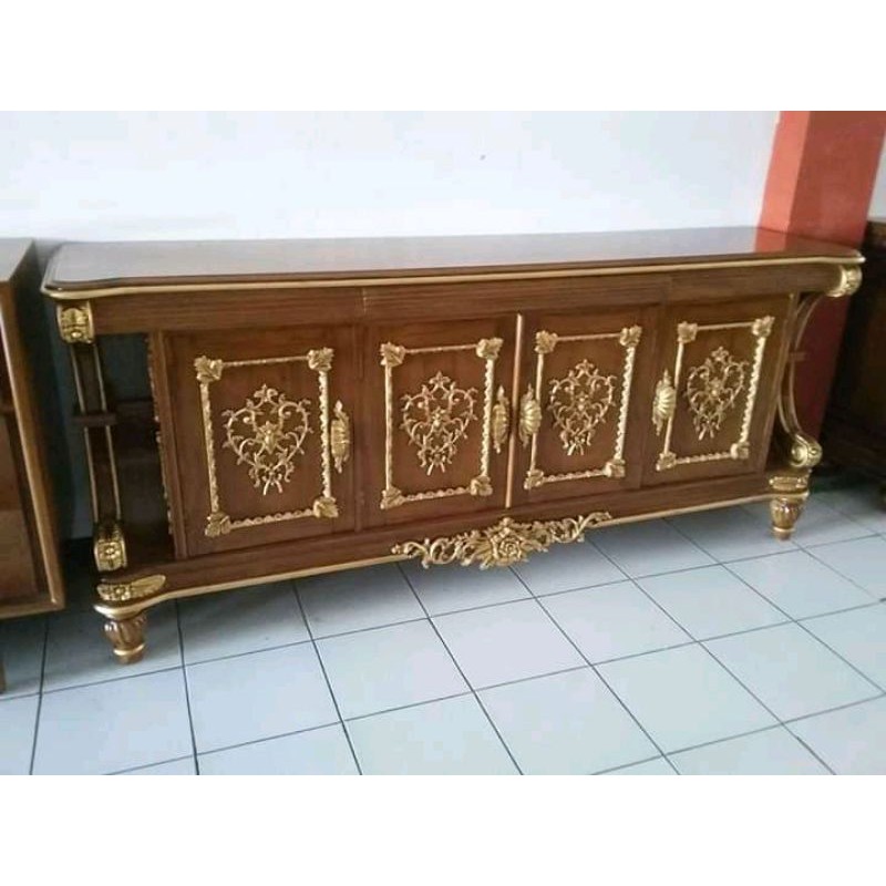 Bofet TV Jati Ukir Jepara Terbaru Finishing Natural Gold
