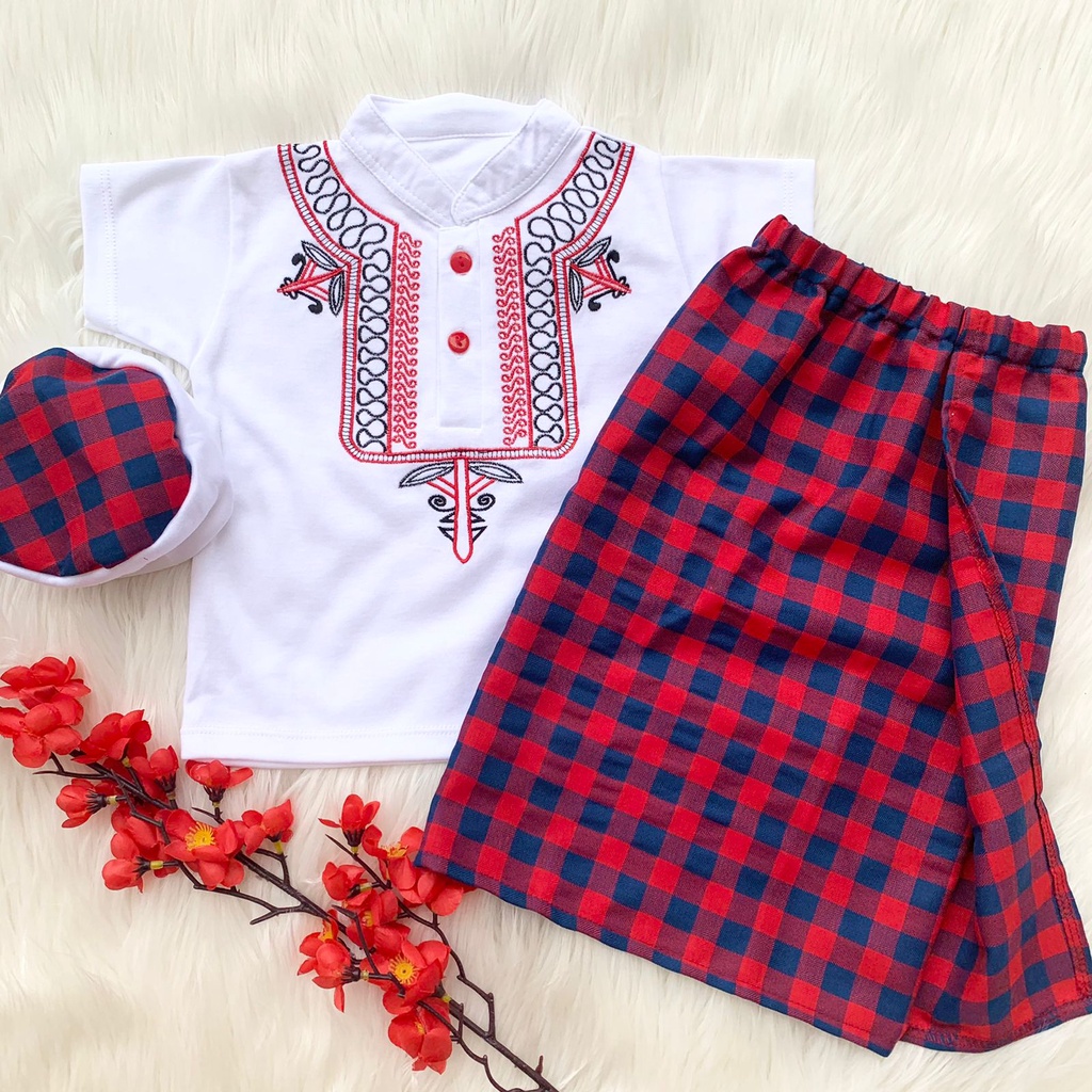 Setelan Baju Koko Peci dan Sarung bordir Lebaran Keren Bestseller Anak Bayi Cowok Laki Murah -kok