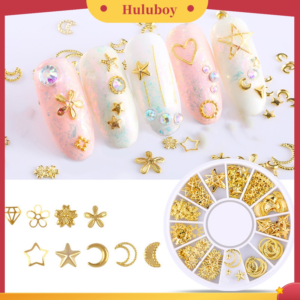 Huluboy Huluboy♡ Rivet Metal Metalik 3D Bentuk Hati / Bulan / Bintang Untuk Dekorasi Manicure