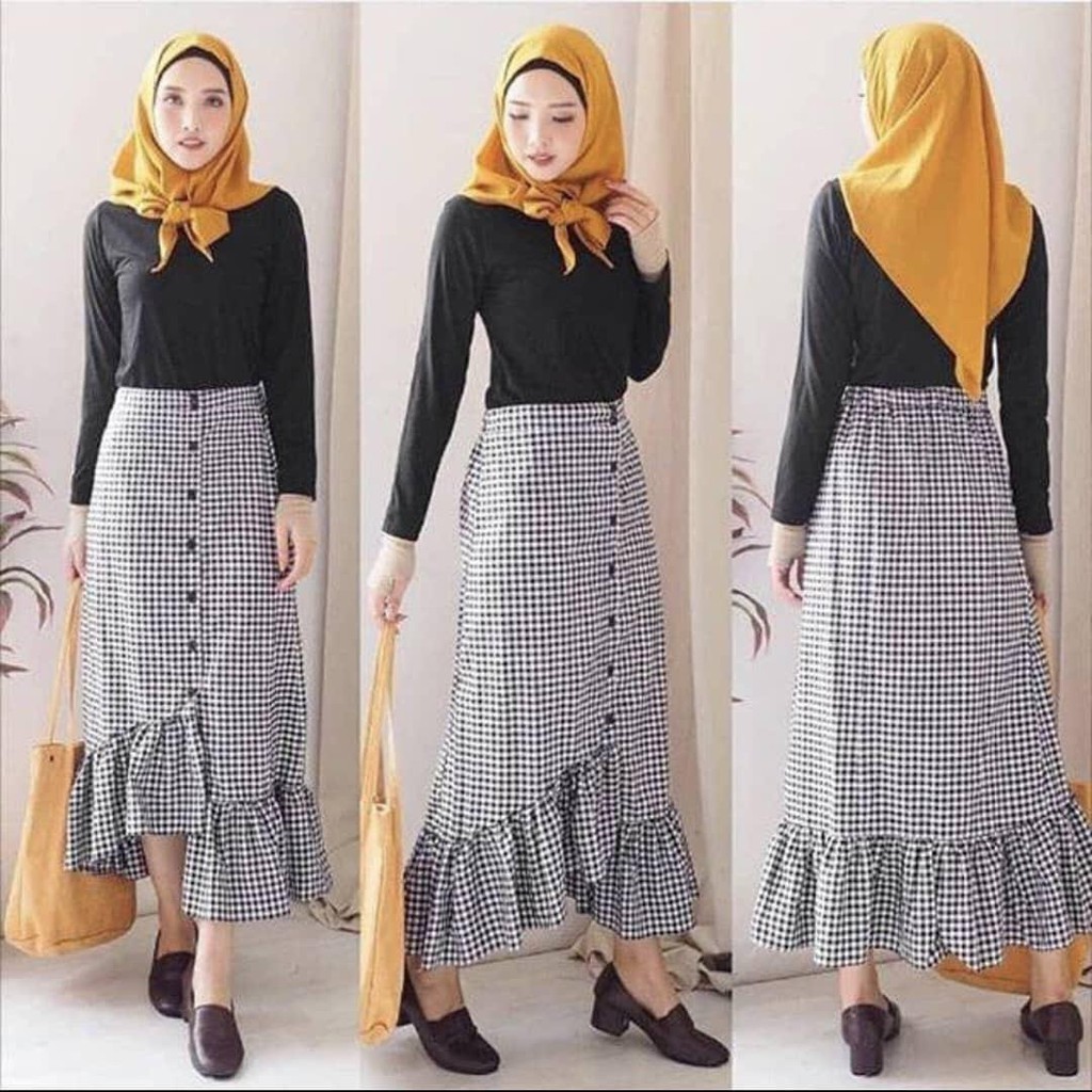SATURIA - Korean highwaist skirt ruffle tartan skirt rok cewek import murah maxi skirt