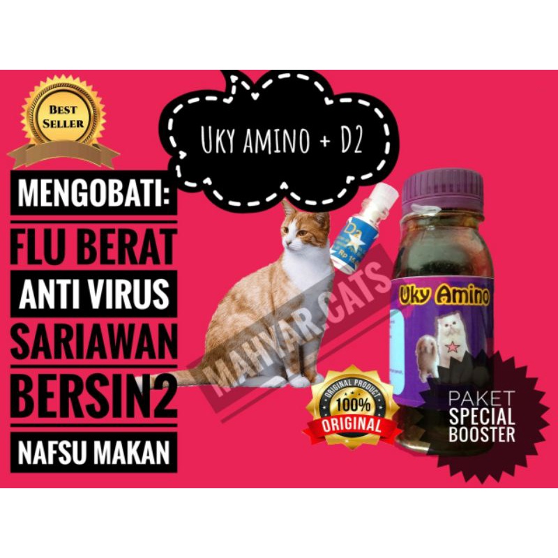 Paket hemat vitamin kucing uky amino + obat D2 | vitamin anti virus calici, distemper, panleu, flu