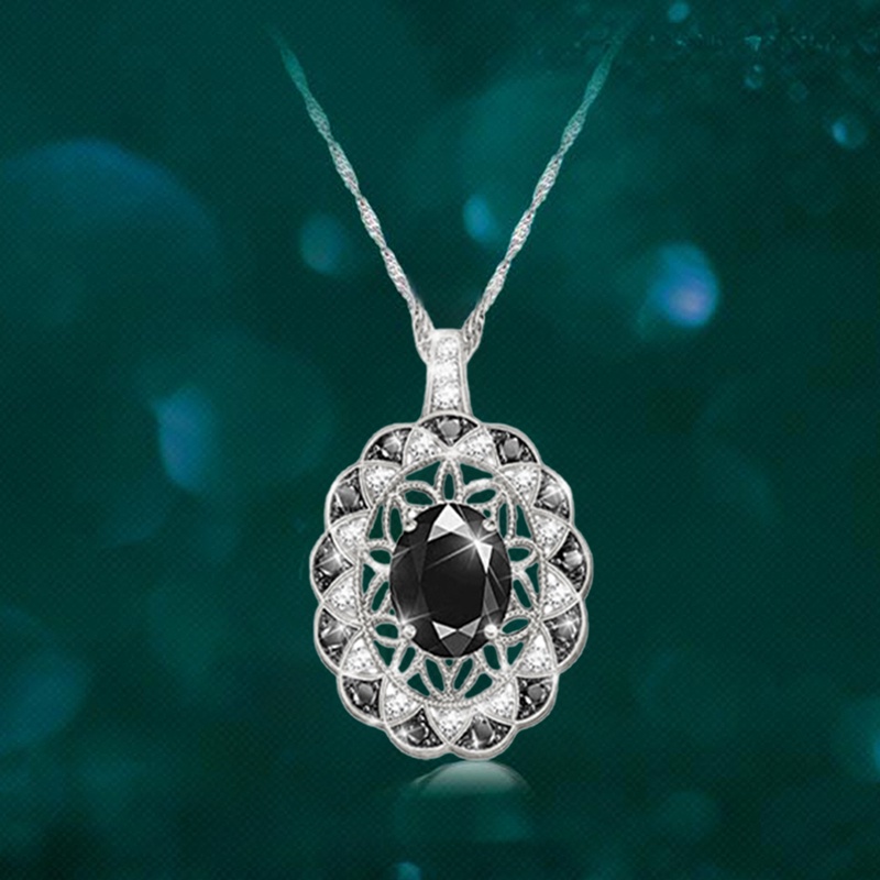 Fancyqube Kalung Sterling Silver 925 Dengan Liontin Batu Akik Kuarsa Bening Bentuk Oval Warna Hitam Untuk Wanita