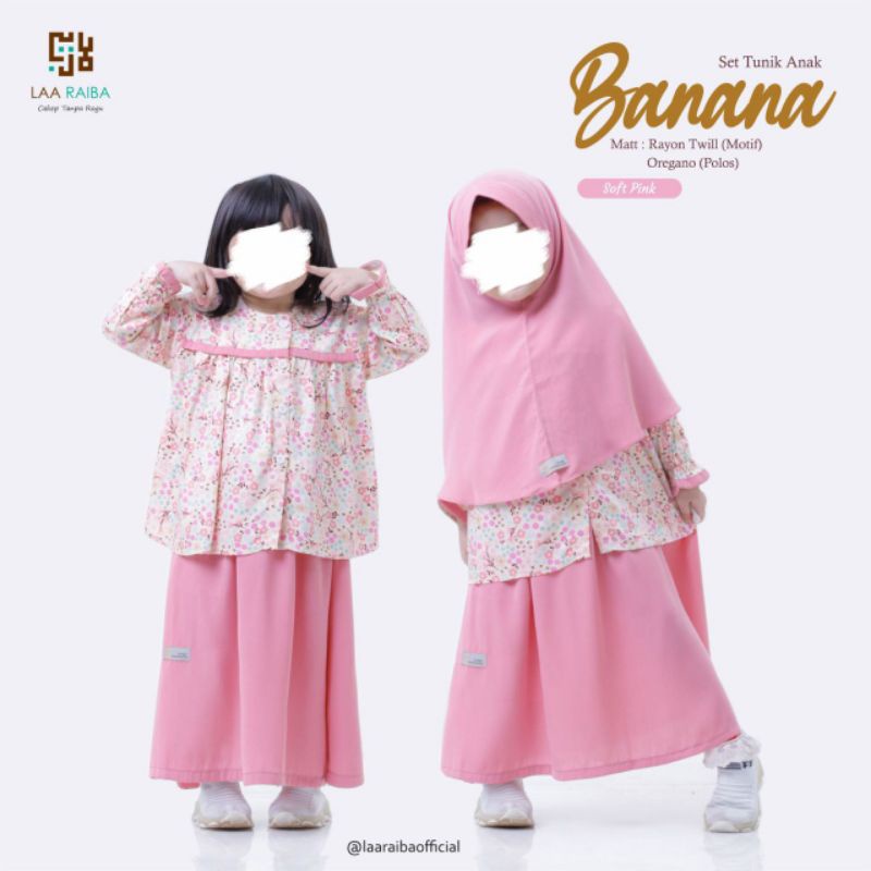 EY- SET BAJU ANAK MUSLIM TUNIK ROK KHIMAR SYARI RAYON TWILL ADEM/ STELAN TUNIK ROK KIDS LUCU BANANA 
