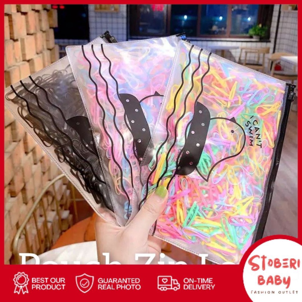 PUNCAK 3.3 stoberi baby - IKAT RAMBUT WARNA-WARNI MIX Karet Rambut Pouch Jepang 500pcs Free Pouch / Karet Rambut Jepang isi 500pcs