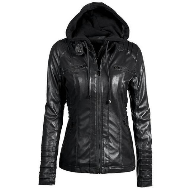 Jaket Kulit Wanita Hoodie Terbaru/Jaket Kulit Sintetis Wanita Hitam