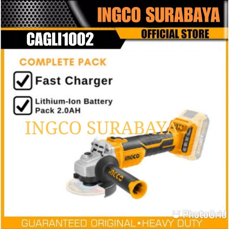 INGCO CAGLI1002 P20S ANGLE GRINDER 4" BRUSHLESS CORDLESS 20V 2.0AH VARIABLE SPEED MESIN GERINDA TANG
