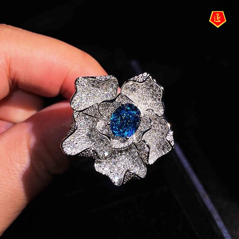 [Ready Stock]Luxury Full Diamond Sapphire Topaz Flower Ring