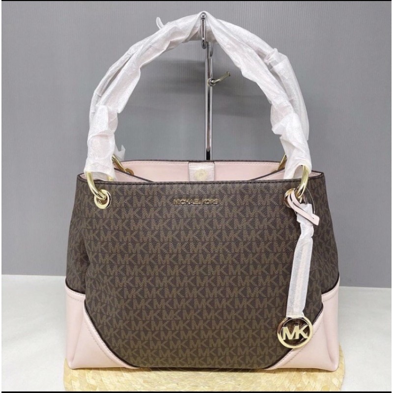 Tas MK original - Michael Kors nicole large shoulder bag in signature brown powder blush