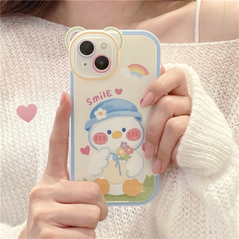 Soft Case Silikon Motif Bebek Beruang Putih Untuk Compatible for iPhone 14 13 12 11 Pro Max X Xr Xs Max iPhone 8 7 6 6s Plus SE 2020 White Duck Phone Case Bear Frame Full Cover Soft Silicone Shockproof Phone Protective Cover