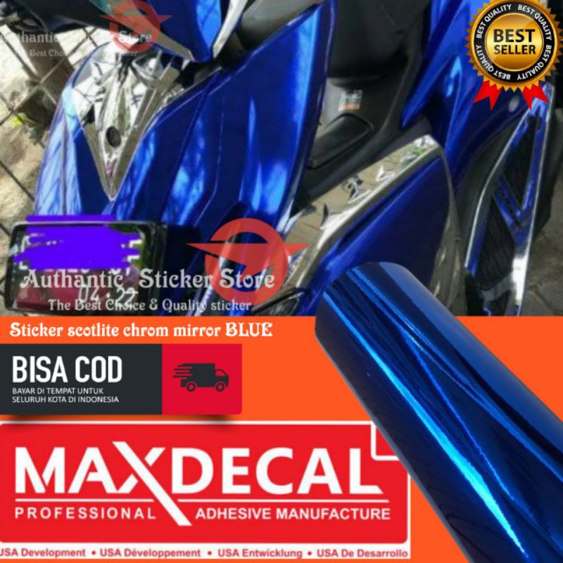 Stiker skotlet metalik krom mirror biru merk maxdecal scotlite motor mobil mengkilap