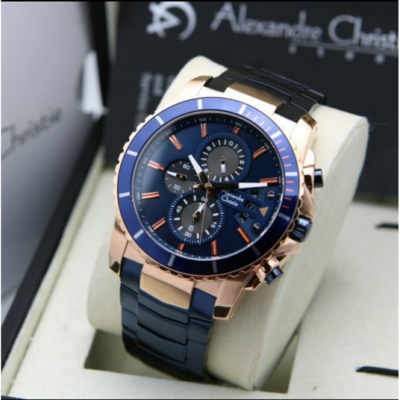 ORIGINAL GARANSI RESMI JAM TANGAN PRIA ALEXANDRE CHRISTIE BLUE ROSE GOLD RANTAI STAINLESS STEEL COWO