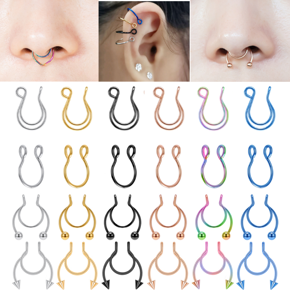 1pc Anting Tindik Hidung / Telinga Palsu Tanpa Tindik Bahan Stainless Steel 6 Warna