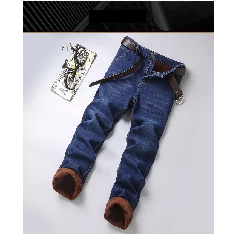 Celana jeans thermal pria musim dinginWinter thermal jeans pants men