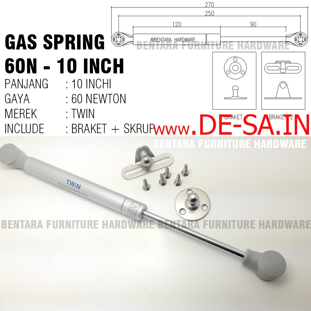 Twin 10 Inchi x 60 Newton Gas Spring Hidrolik - Upward Hidrolik Pintu Kabinet Jok Motor