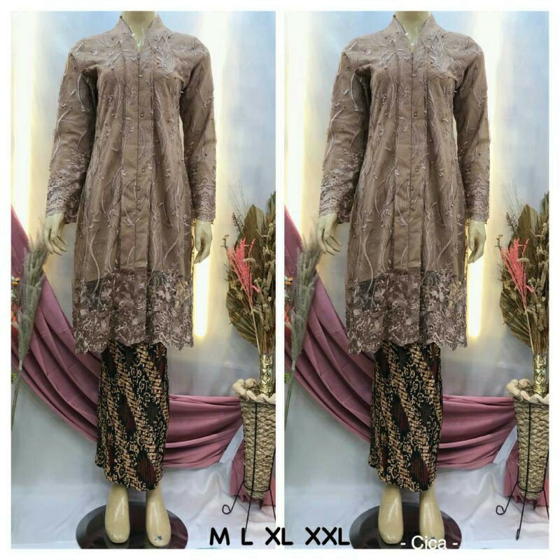 Kebaya Moderen Tulle - Kebaya Tunik Tulle Busui - Kebaya Terbaru - Kebaya Tunik Floy Kutu Baru - Kebaya Seragam - Kebaya Busui-Mocca