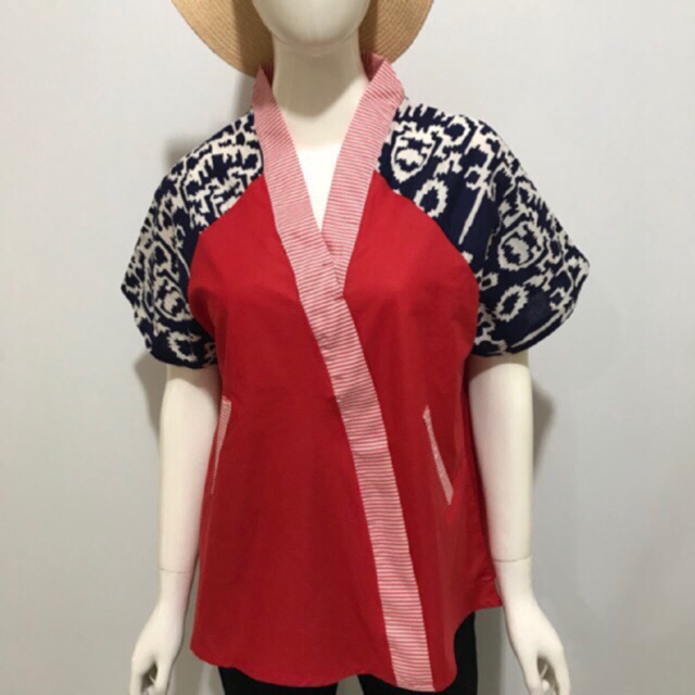 Blouse Fashion Ruby QQinian Katun Merah Putih Kuning Garis Lurik Batik Kawung Labirin Grosir